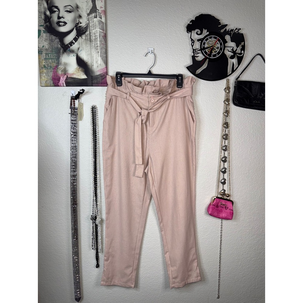 New Look Paperbag Waist Pants Blush Pink Linen Blend Tie Belt Womens L NWT